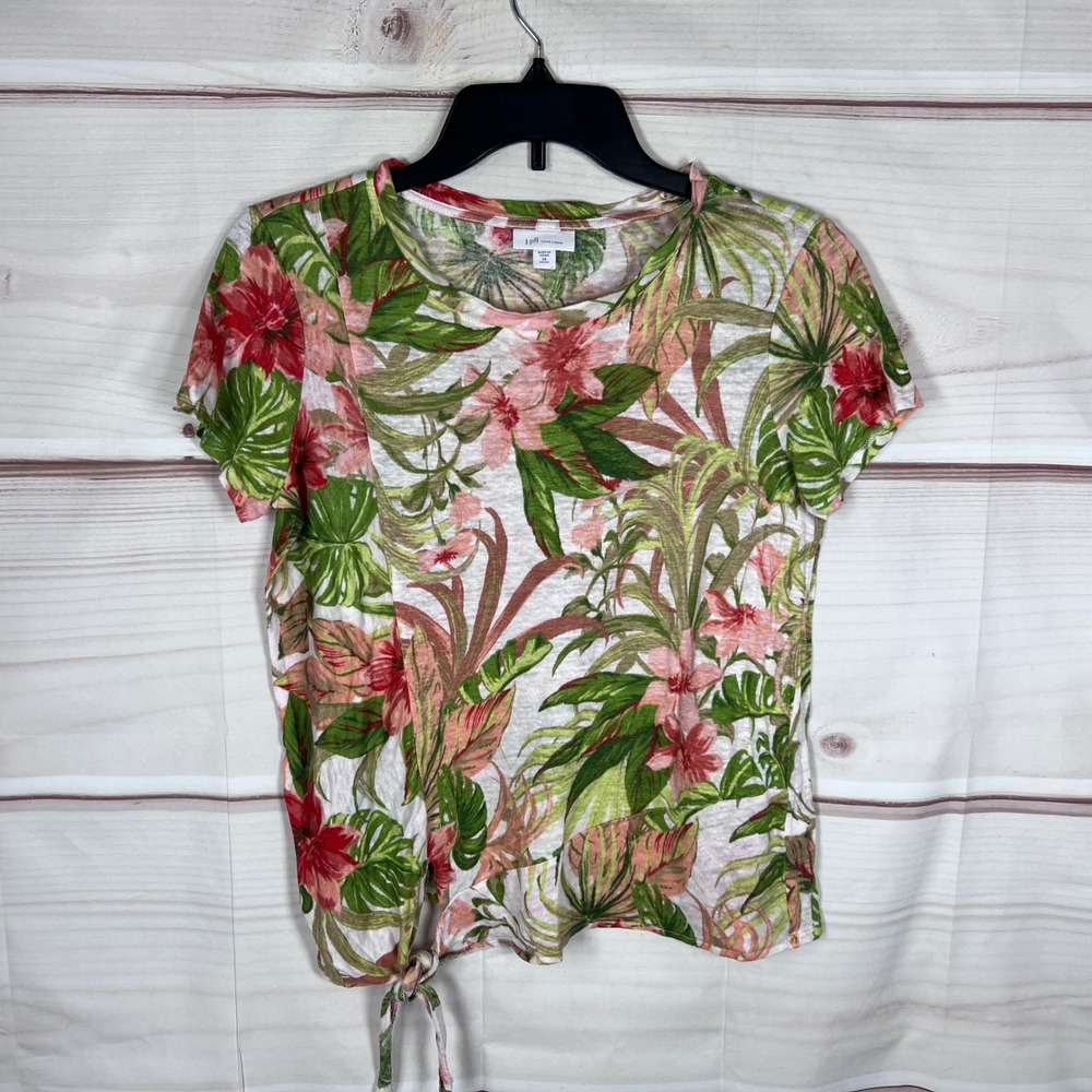 J. Jill T-Shirt Women PXS Multicolor Tropical Floral Love Linen Front Tie Top